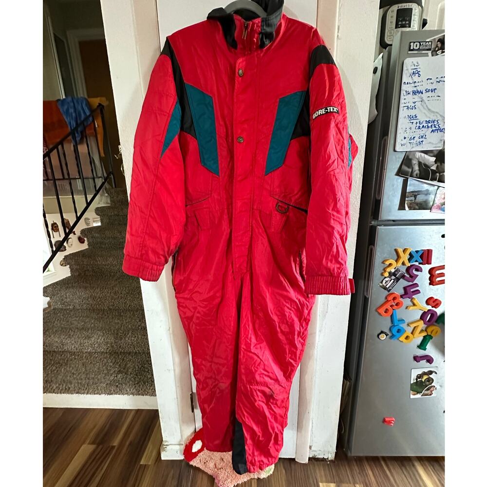 Vintage Alpine Design Mens Short Ski Suit Bib Red Retro Goretex Snowsuit Snow